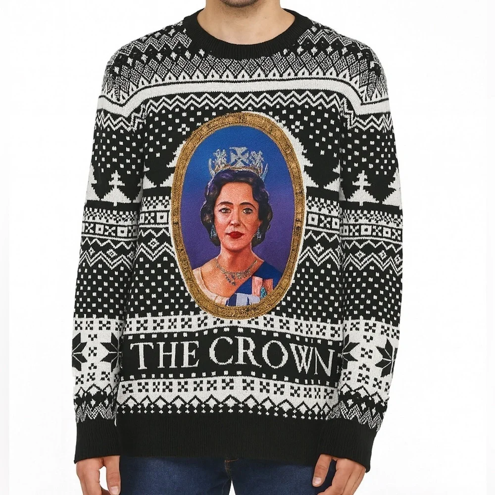 Netflix The Crown Ugly Christmas Sweater Black White Holiday Rare Size Medium